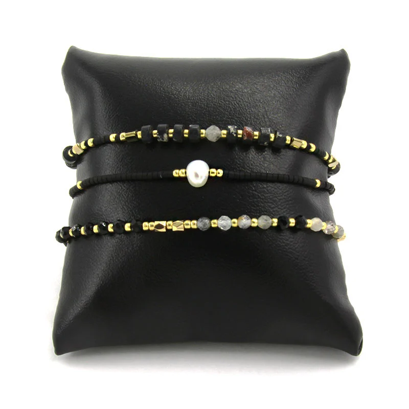 Juego Pulsera 3 Pzas Negro Cristales Piedras y Perla