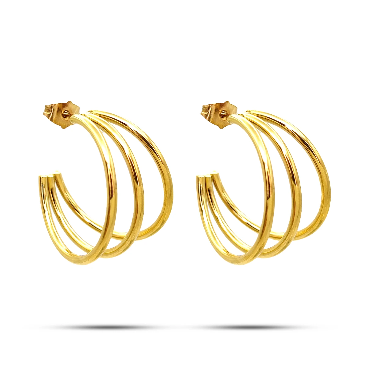 Aretes Acero Inox Dorado Media Arracada Triple 23 mm