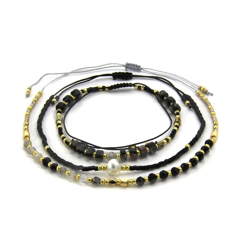 Juego Pulsera 3 Pzas Negro Cristales Piedras y Perla