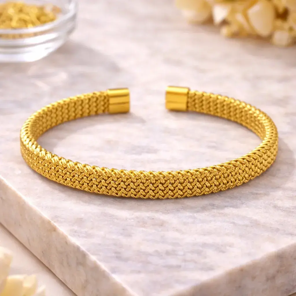 Pulsera Acero Dorado Brazalete Abierto Malla Tejida