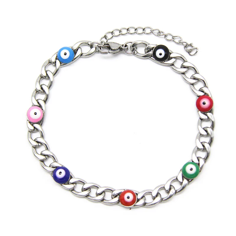 Pulsera Acero Inox Plateado Eslabon 3en1 Ojos Turcos