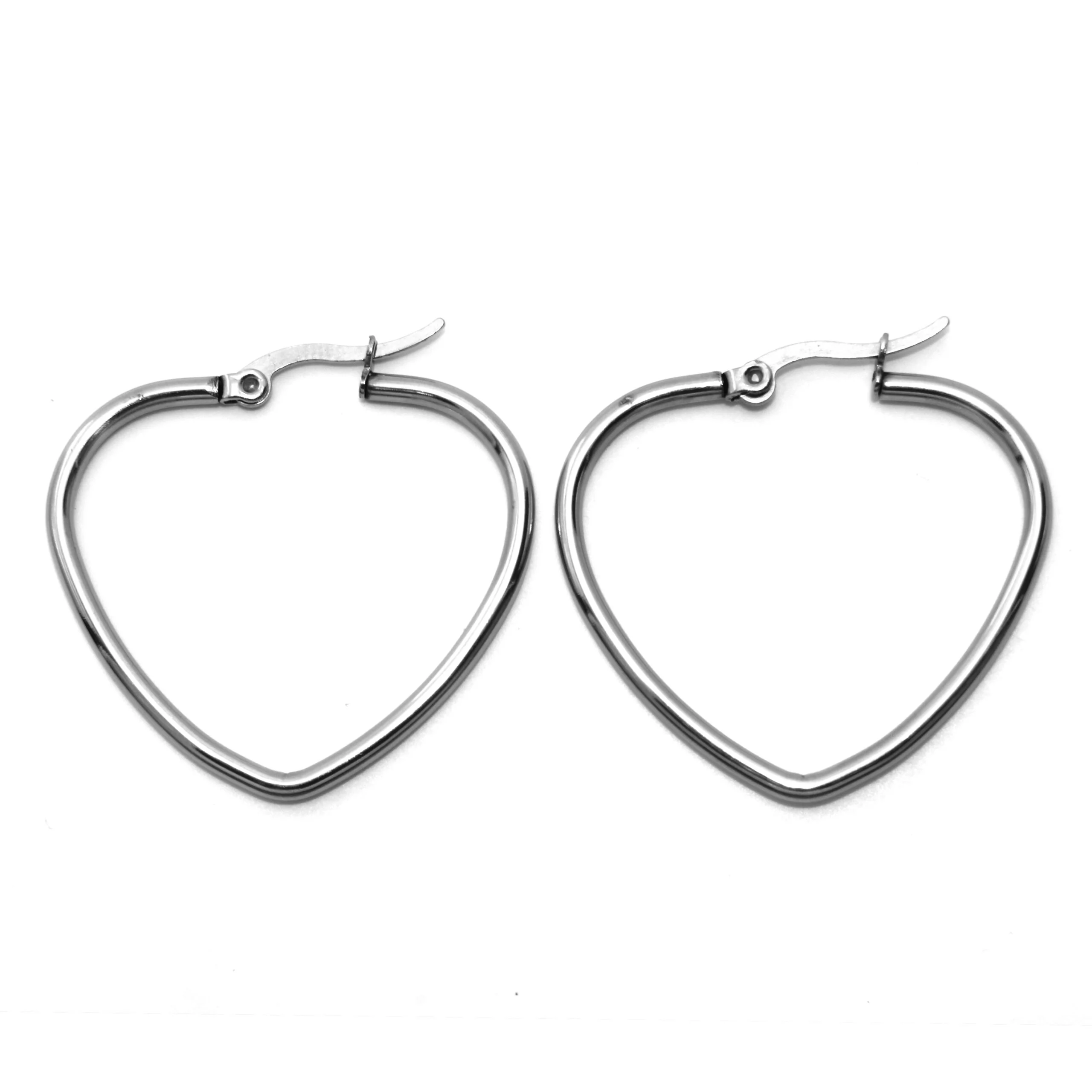 Aretes Acero Plateado Arracadas Corazón Tubular Liso 32mm