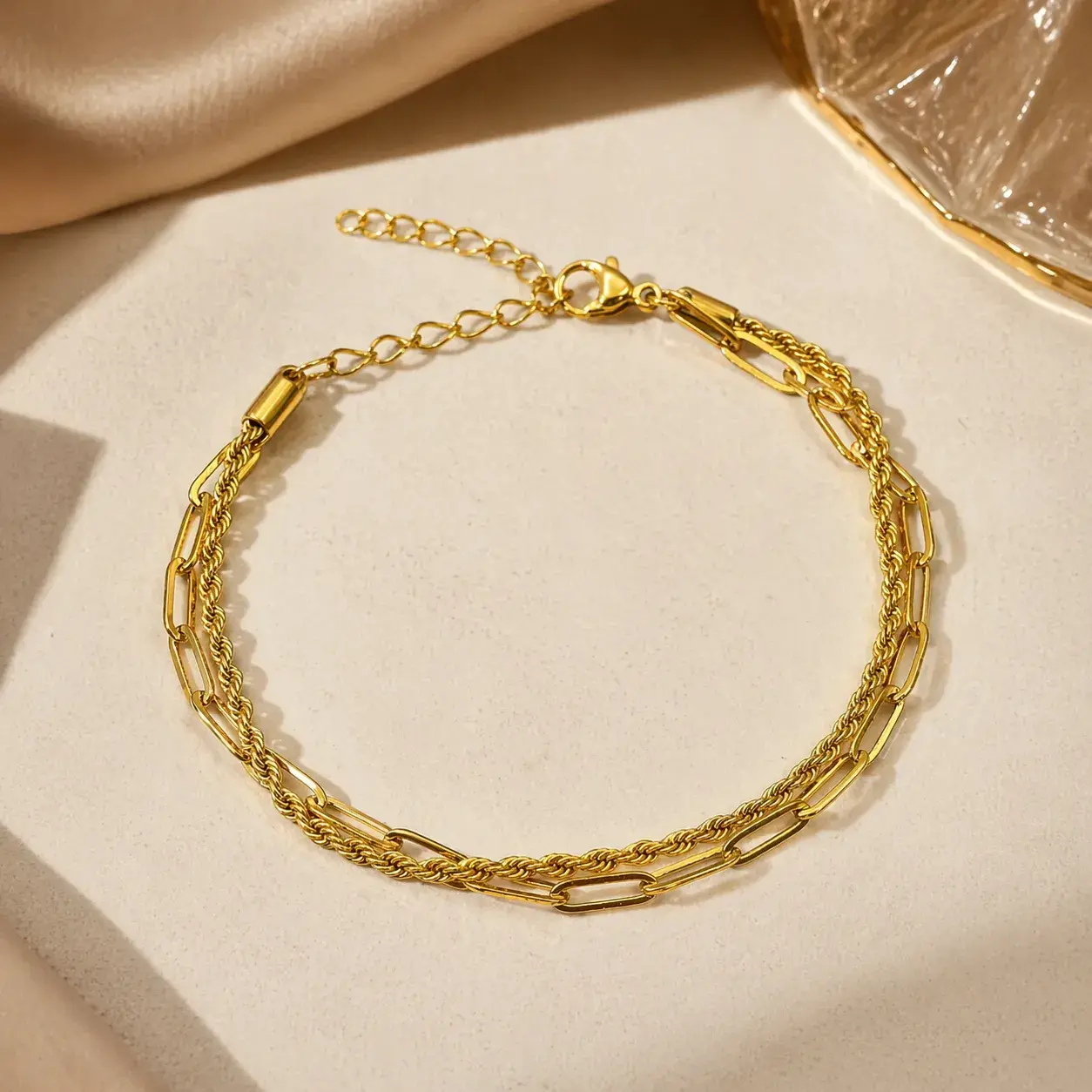 Pulsera Acero Inox Doble Cadena Torzal y Cadena Oval