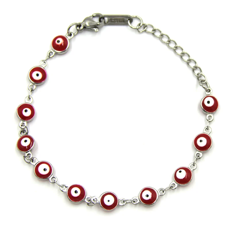 Pulsera Acero Plateado Proteccion Ojo Turco Rojo 6mm
