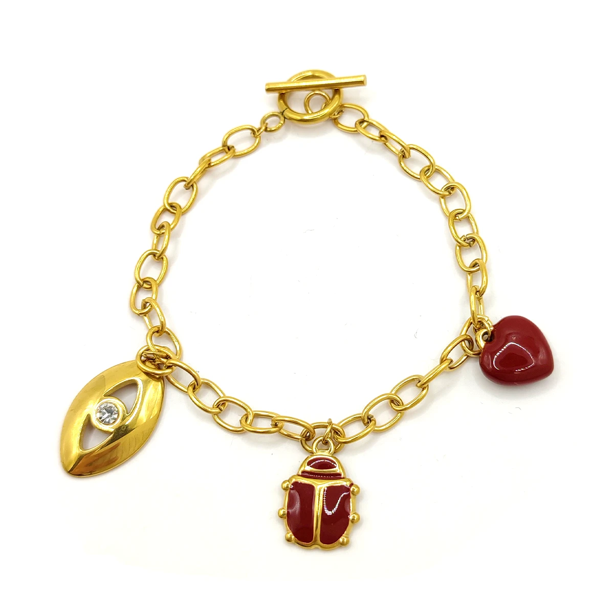 Pulsera Acero Dorado Colgante Ojo Catarina Corazon Rojo