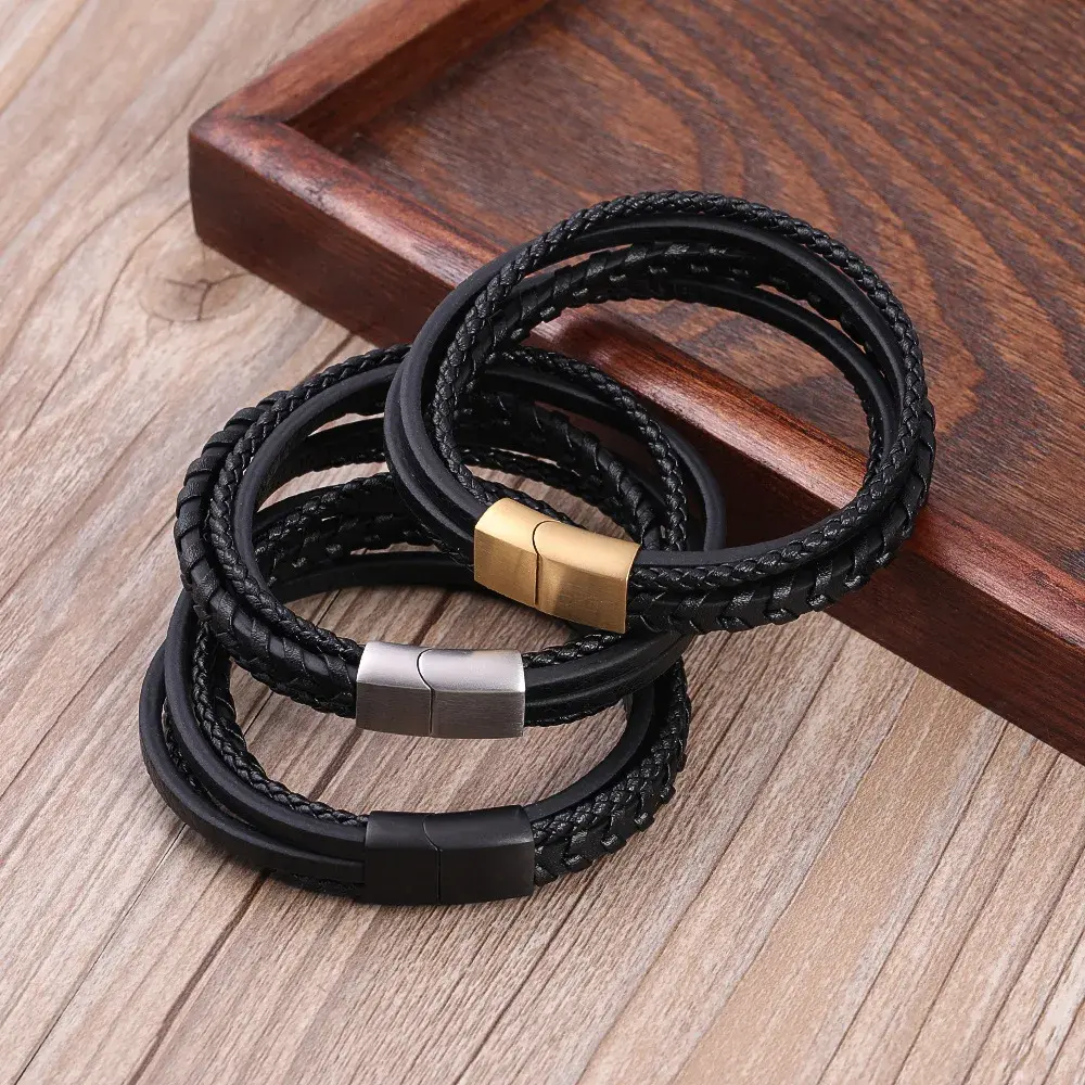 Pulsera Acero Piel Negra Cinco Tiras Tejidas y Lisa