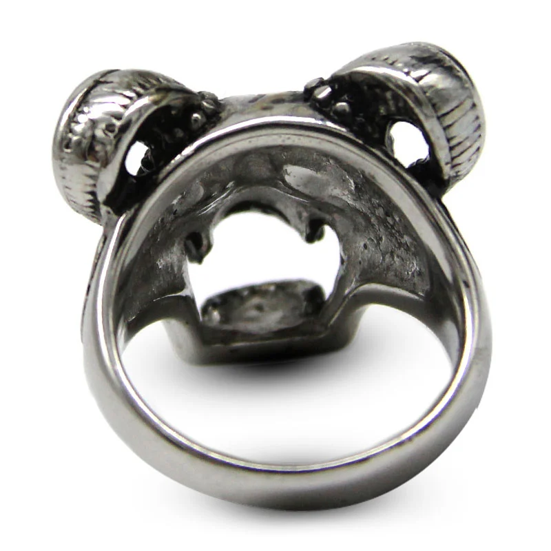 Anillo Acero Inox Calavera Plateada Cuernos Ojos Rojos