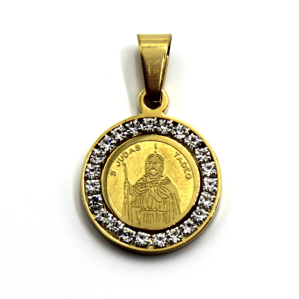 Dije Acero Dorado Medalla San Judas 16 mm Zirconia