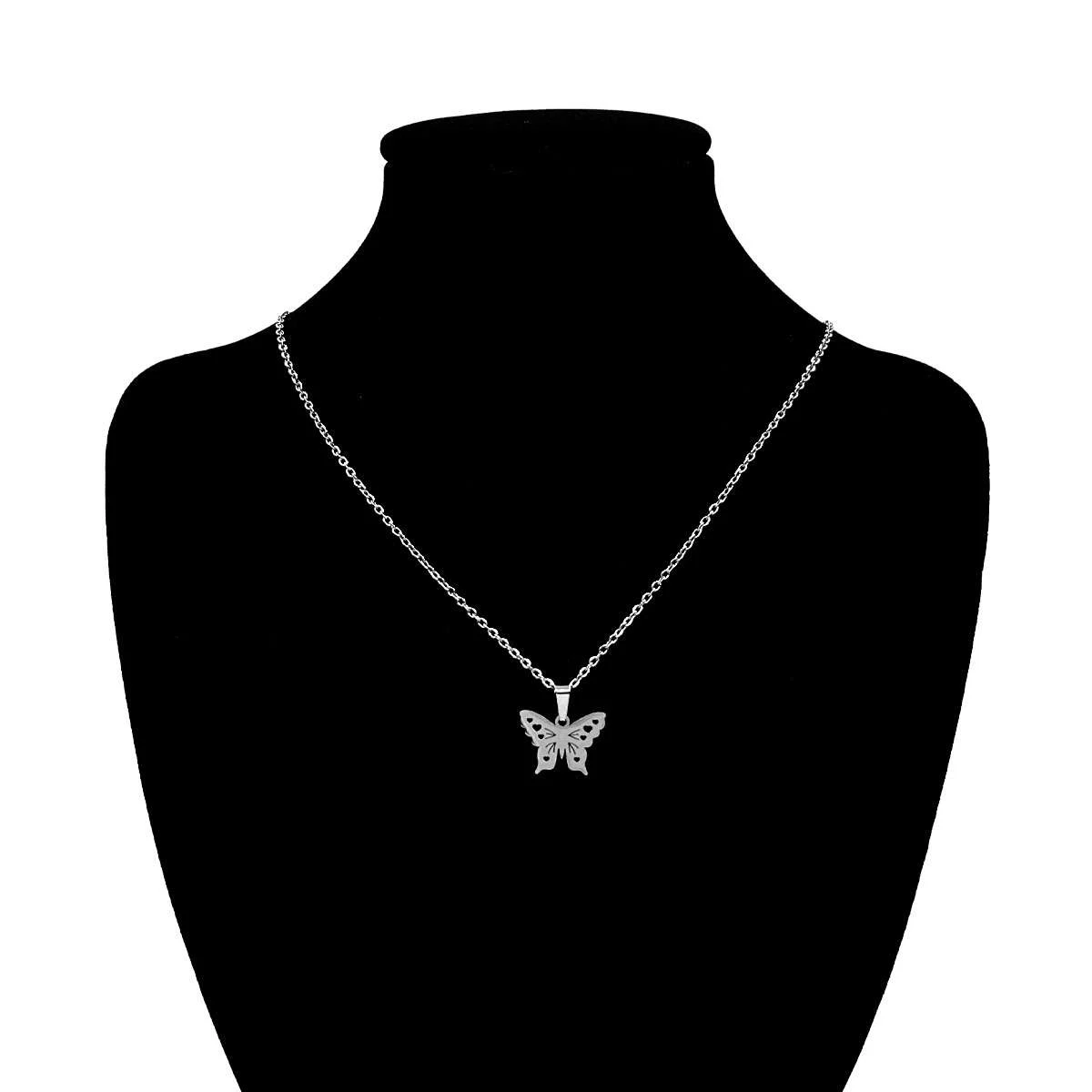 Set Joyería Collar Y Aretes Acero Plata Mariposa De Mujer