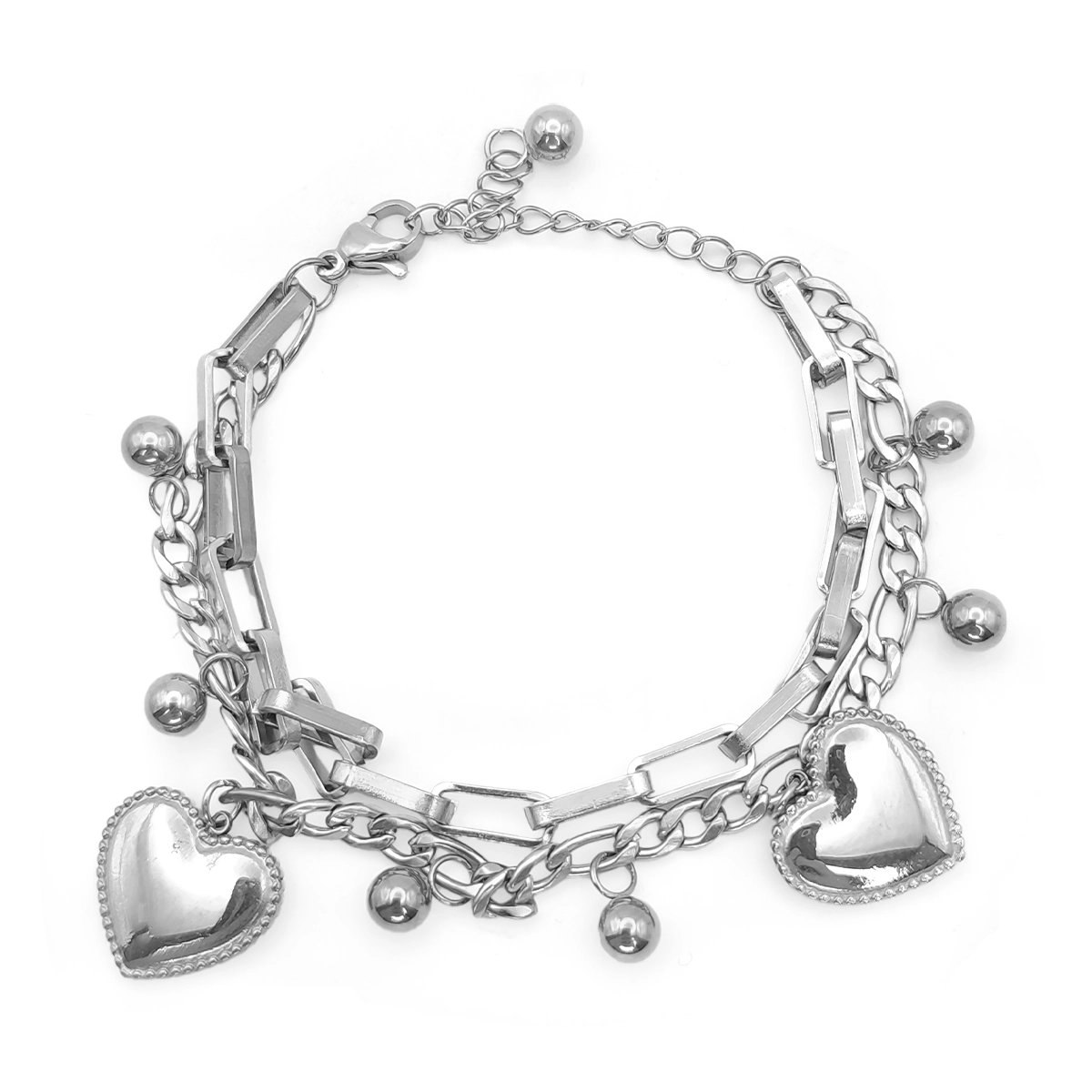 Pulsera Acero Doble Cadena Chunky Balin Corazones Grandes