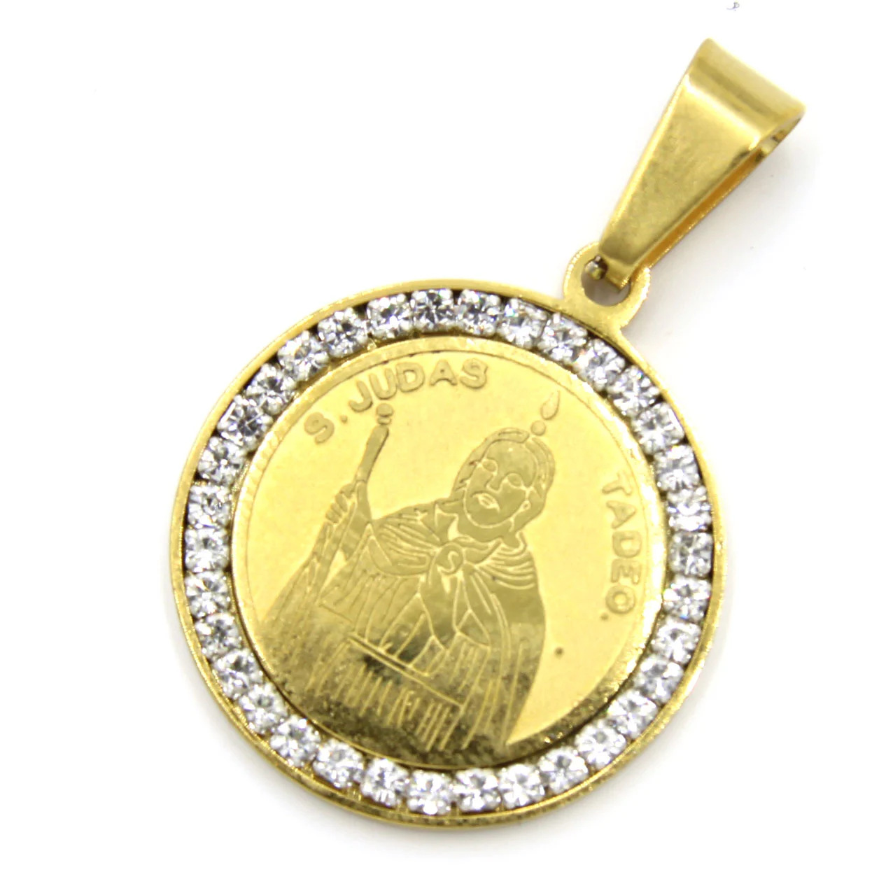 Dije Acero Dorado Medalla San Judas 22 Mm Zirconia
