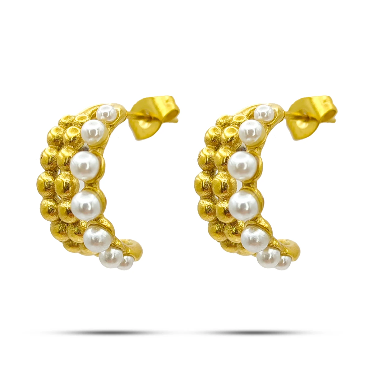 Aretes Acero Dorado Arracada Triple Perla Bolitas 18 mm