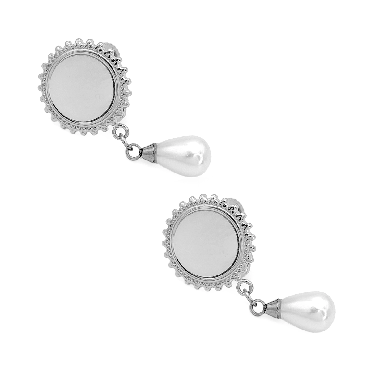 Aretes Acero Plateado de Clip Ajustable Perla Colgante