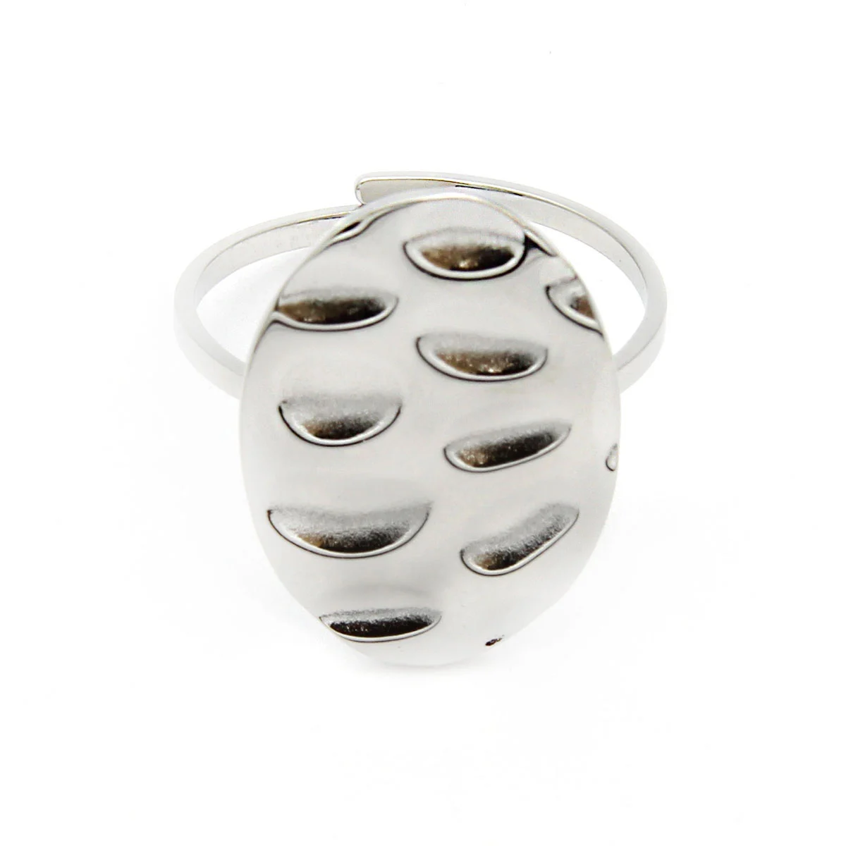 Anillo Acero Inox Plateado Martillado Ajustable Ovalado