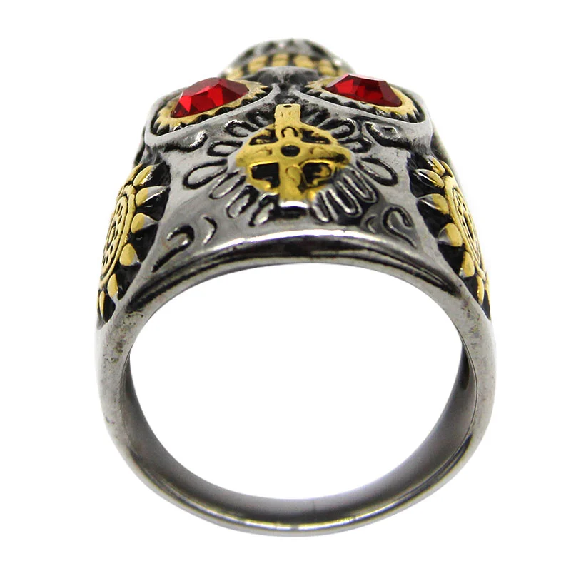 Anillo Acero Inox Calavera Plata Dorada Cruz Ojos Rojos
