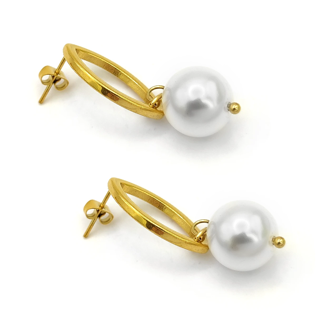 Aretes Acero Dorado Figura Marquesa Hueca Colgante Perla