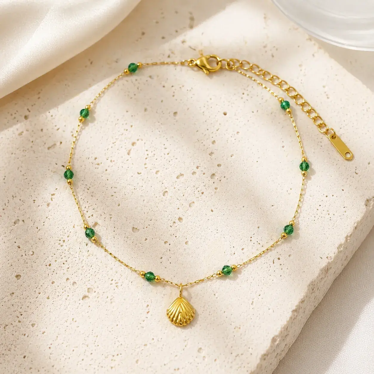 Tobillera Acero Dorado Cristal Cortado Verde Concha