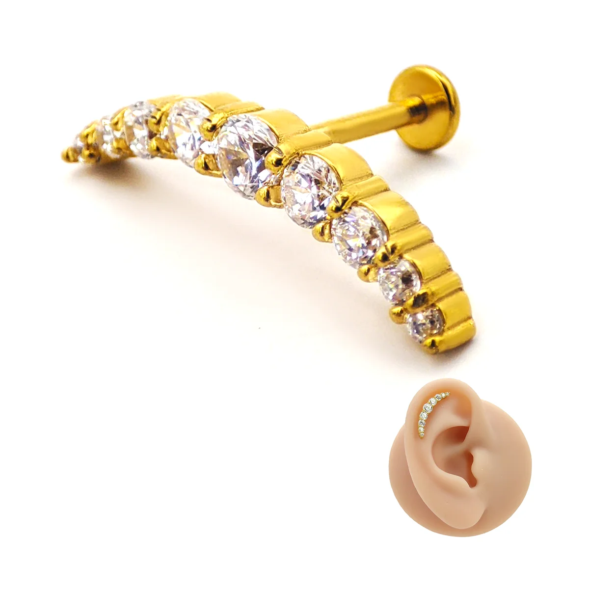 Piercing de Oreja Acero Curvo Luna Trepador Zirconia