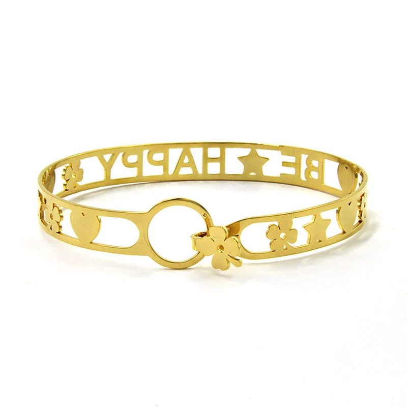 Pulsera Acero Inoxidable Dorado Brazalete Be Happy