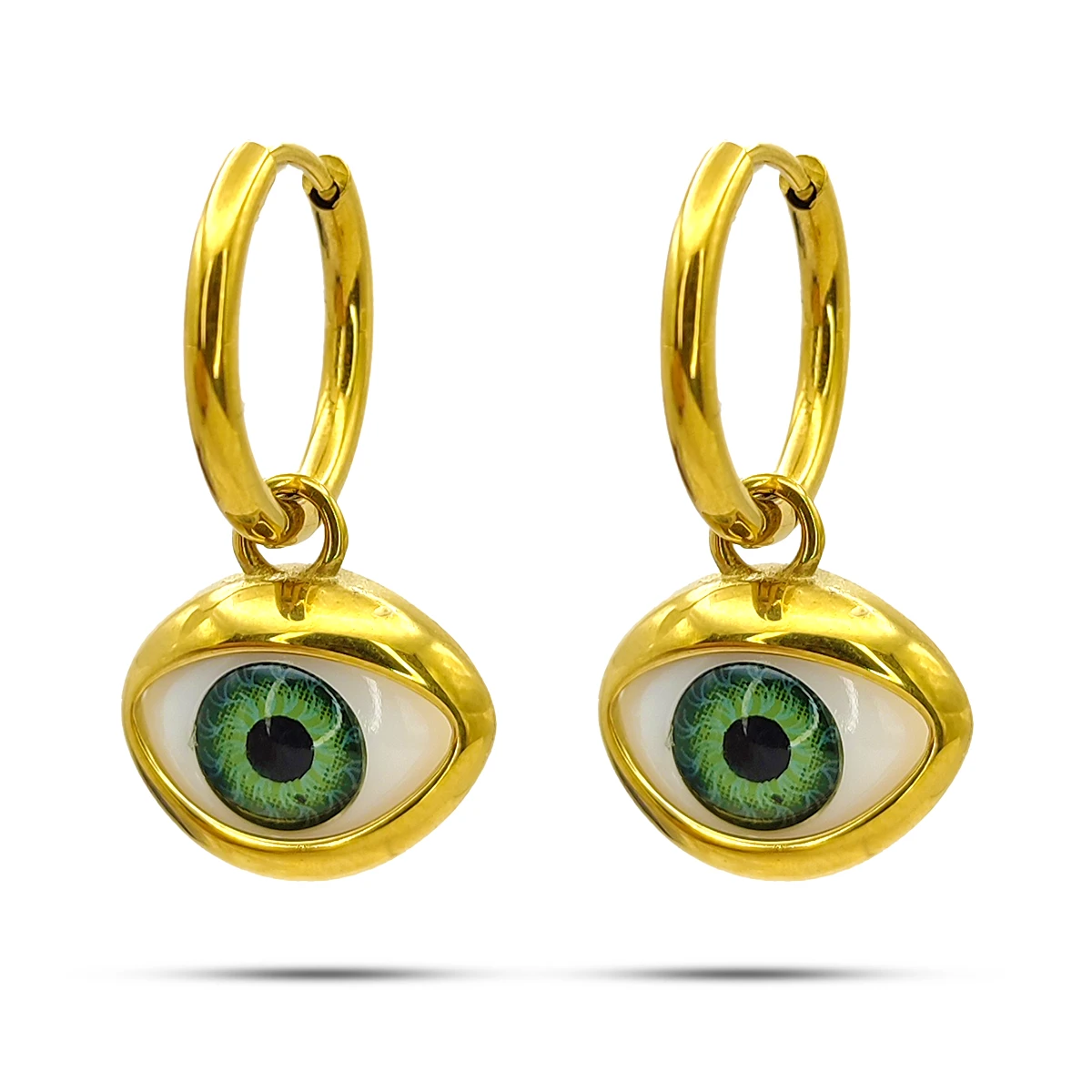 Aretes Acero Dorado Huggies Colgante Ojo Realista Verde