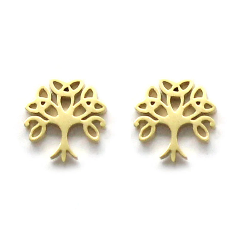 Aretes Tipo Broquel Acero Inox Dorado Árbol de la Vida