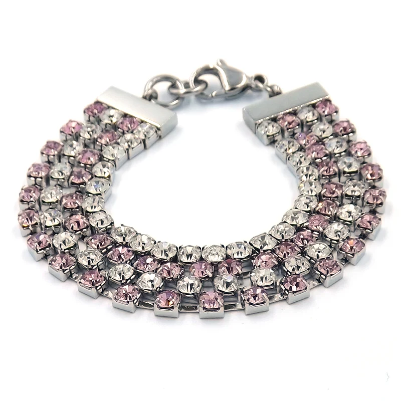 Pulsera de Acero Cocktail Vía de Zirconia Claras Rosas