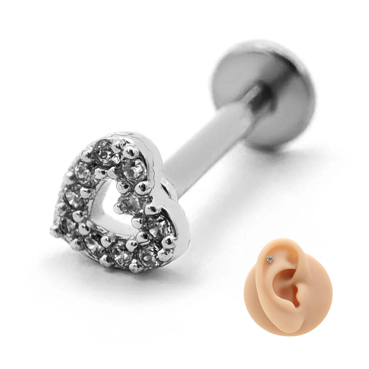 Piercing de Oreja Acero Mini Corazon Contorno Cristales