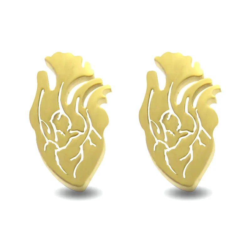 Aretes Tipo Broquel Acero Inoxidable Dorado Corazon Real