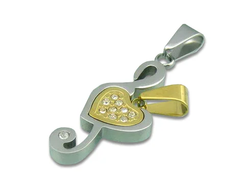 Dije Doble Acero Diseño Corazon en Clave de Sol Plata Dorado