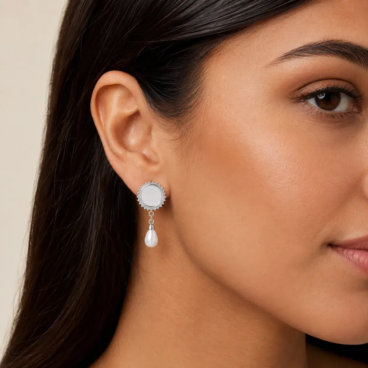 Aretes Acero Plateado de Clip Ajustable Perla Colgante