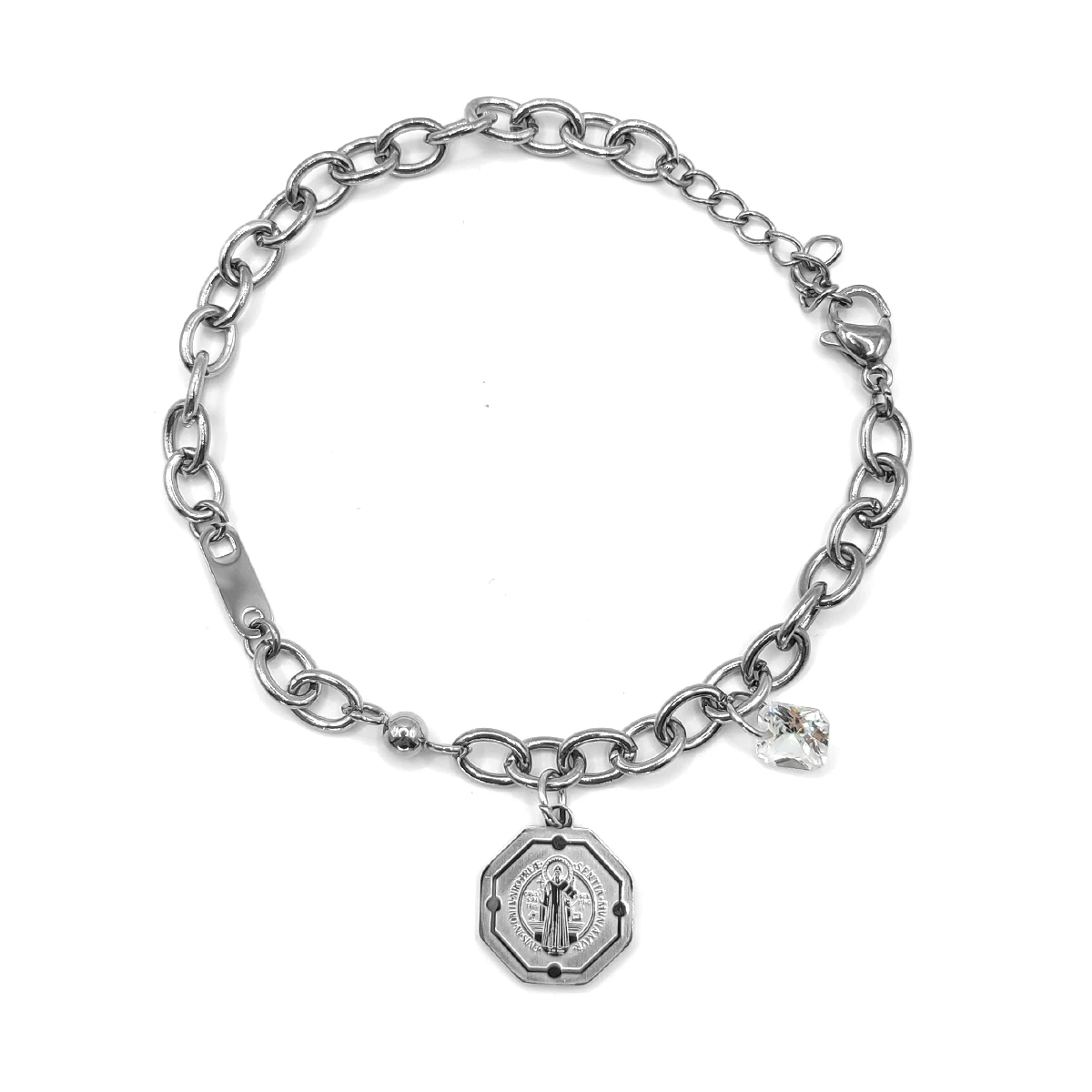 Pulsera Acero Inox Medalla San Benito Hexagonal Zirconia