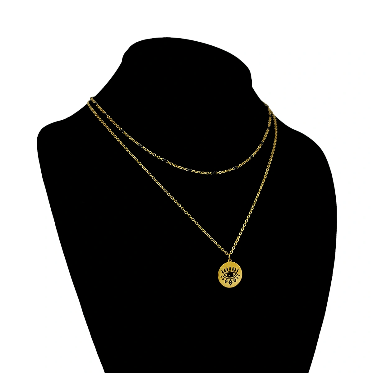Collar Acero Dorado Doble Cadena Chaquira Negra Ojo
