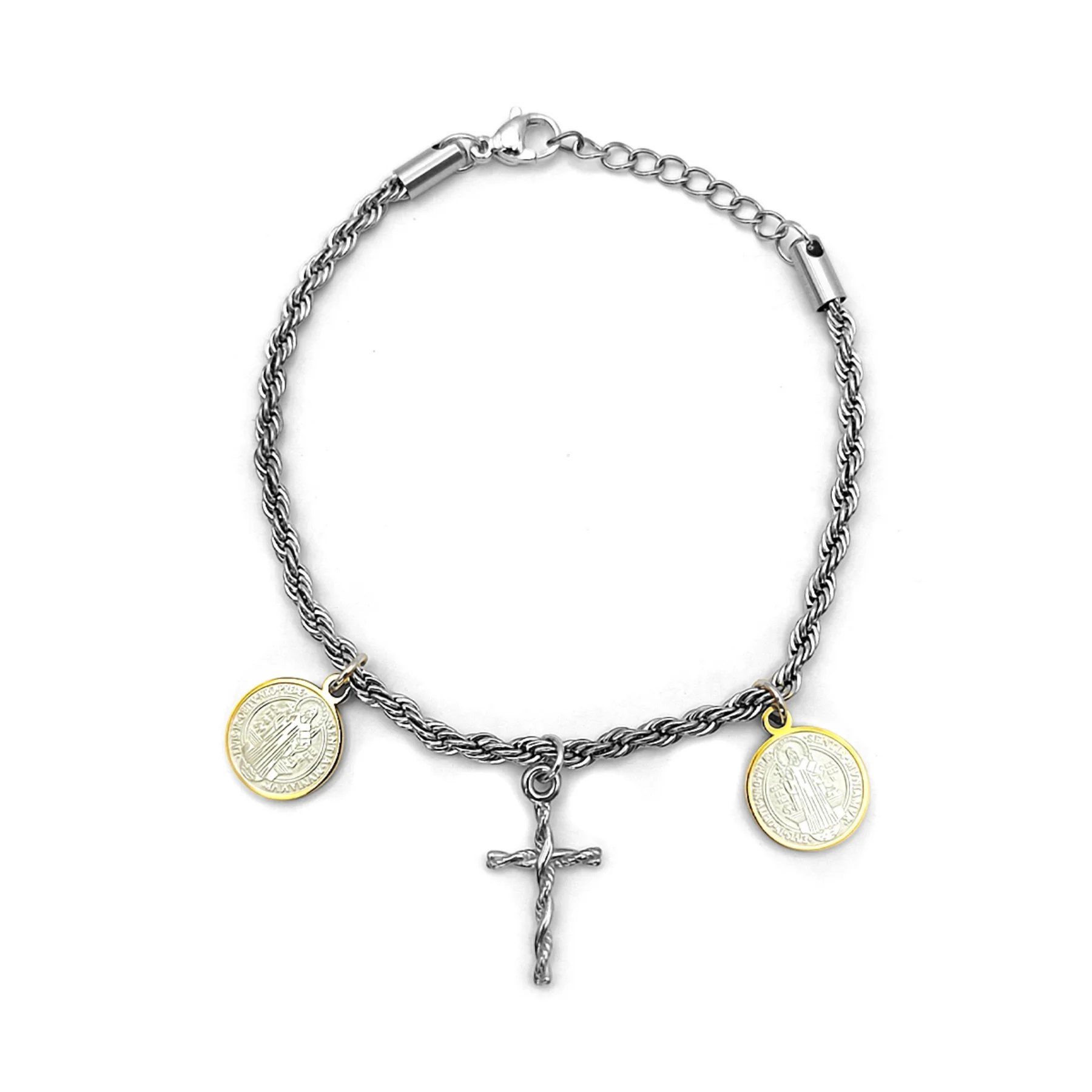 Pulsera Acero Medalla Bicolor San Benito Cruz Trenza