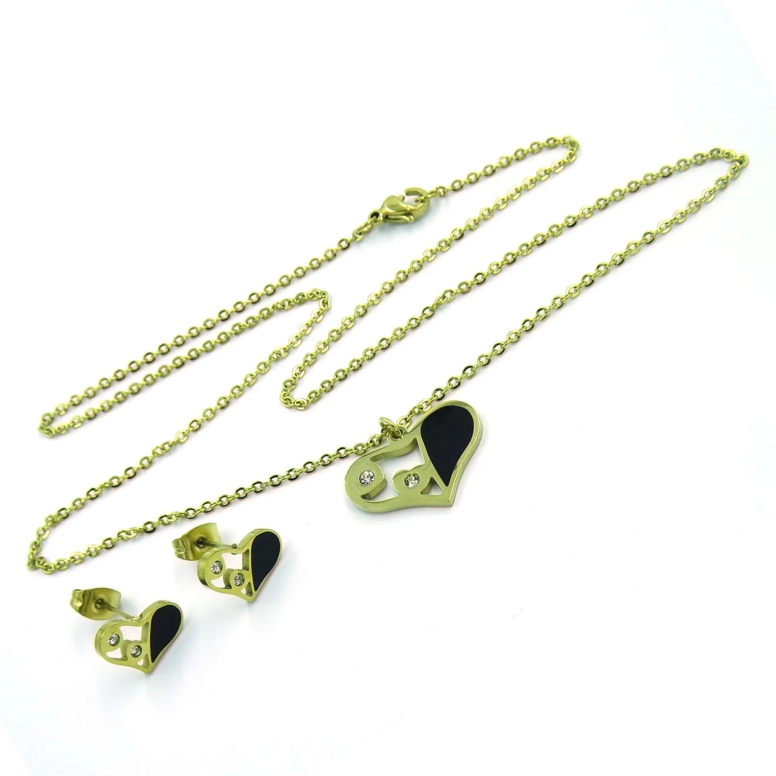 Set Joyeria Acero Dorado Collar Aretes Corazón Cristales