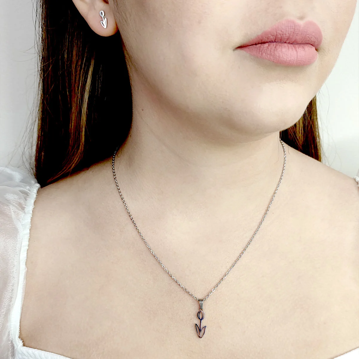 Set Joyeria Acero Plateado Bella Flor Romantica Tulipan
