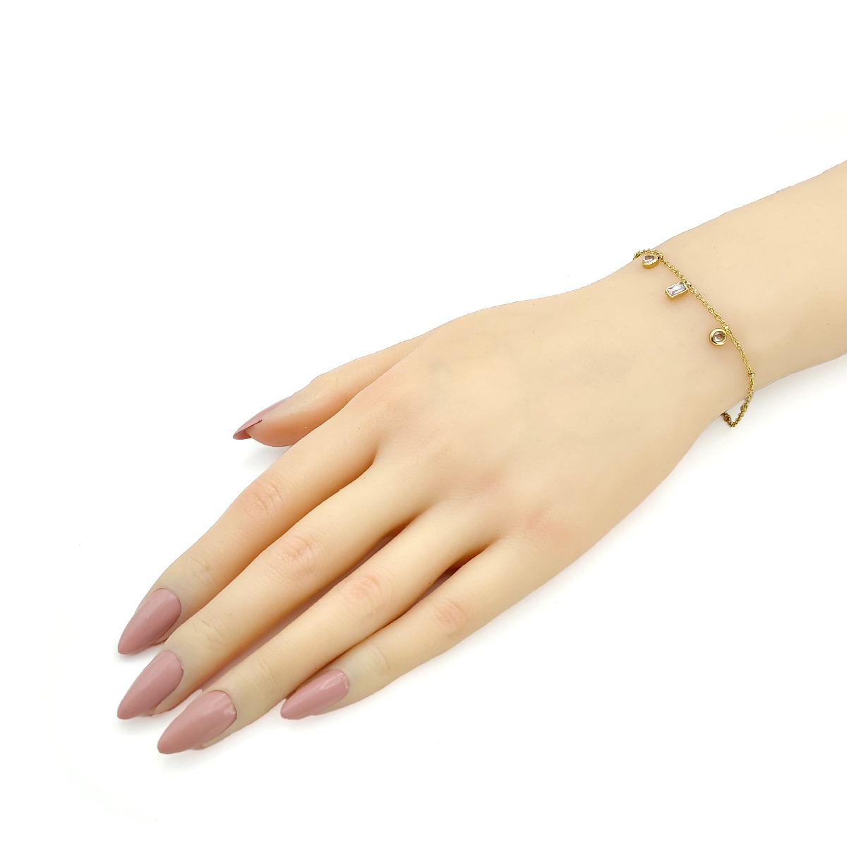 Pulsera Acero Dorado Delgada Cristales Rosas Mini Balines
