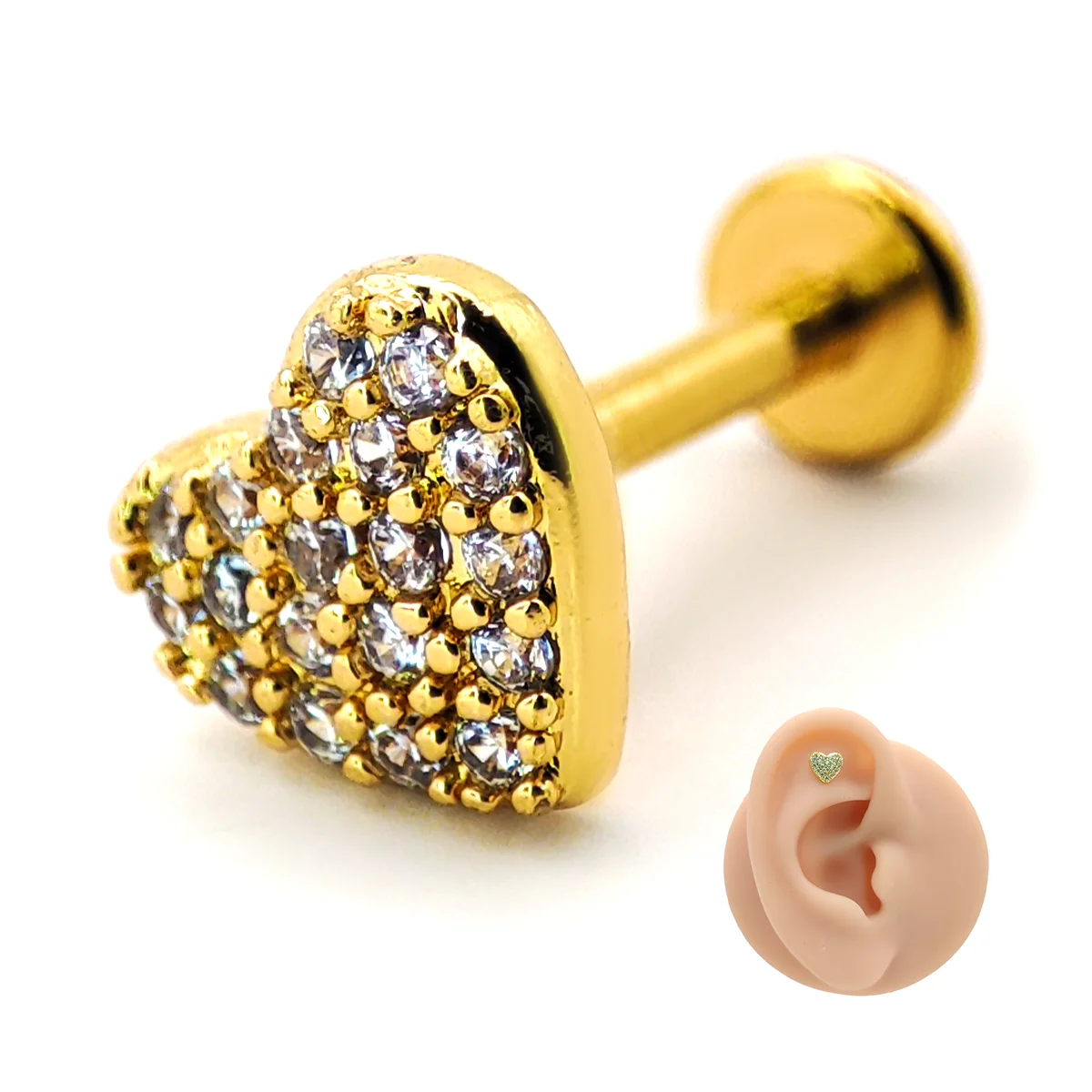 Piercing de Oreja Acero Corazón Relleno Micro Cristales
