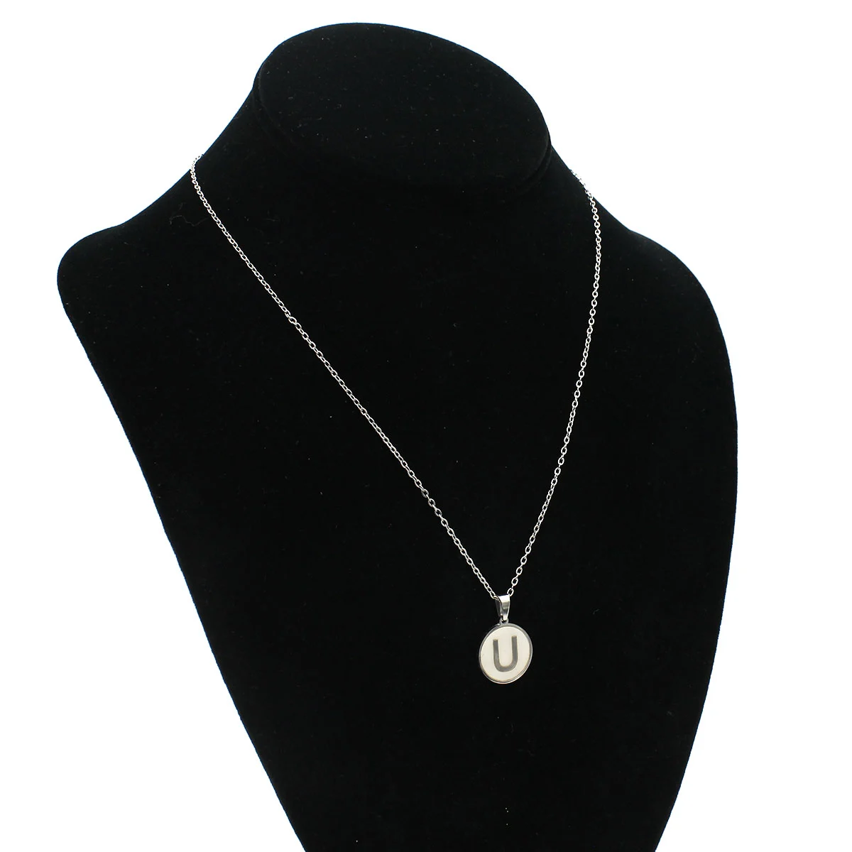 Collar Acero Plateado Circular Letra U Madre Perla