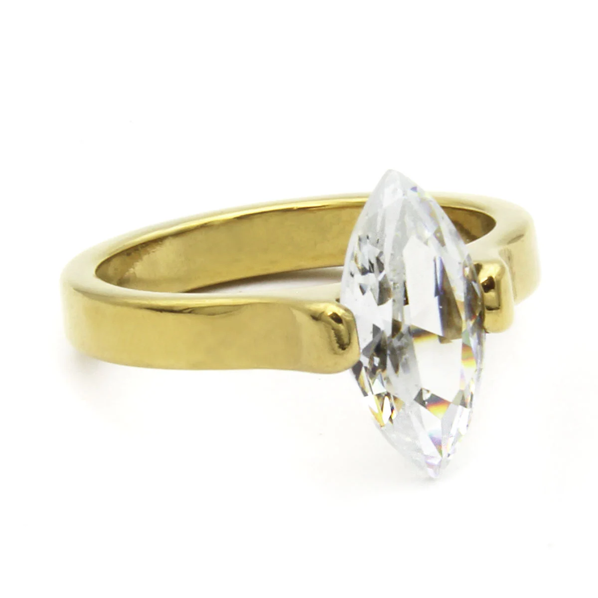 Anillo Acero Dorado Cocktail Zirconia Clara Cubica Rombo