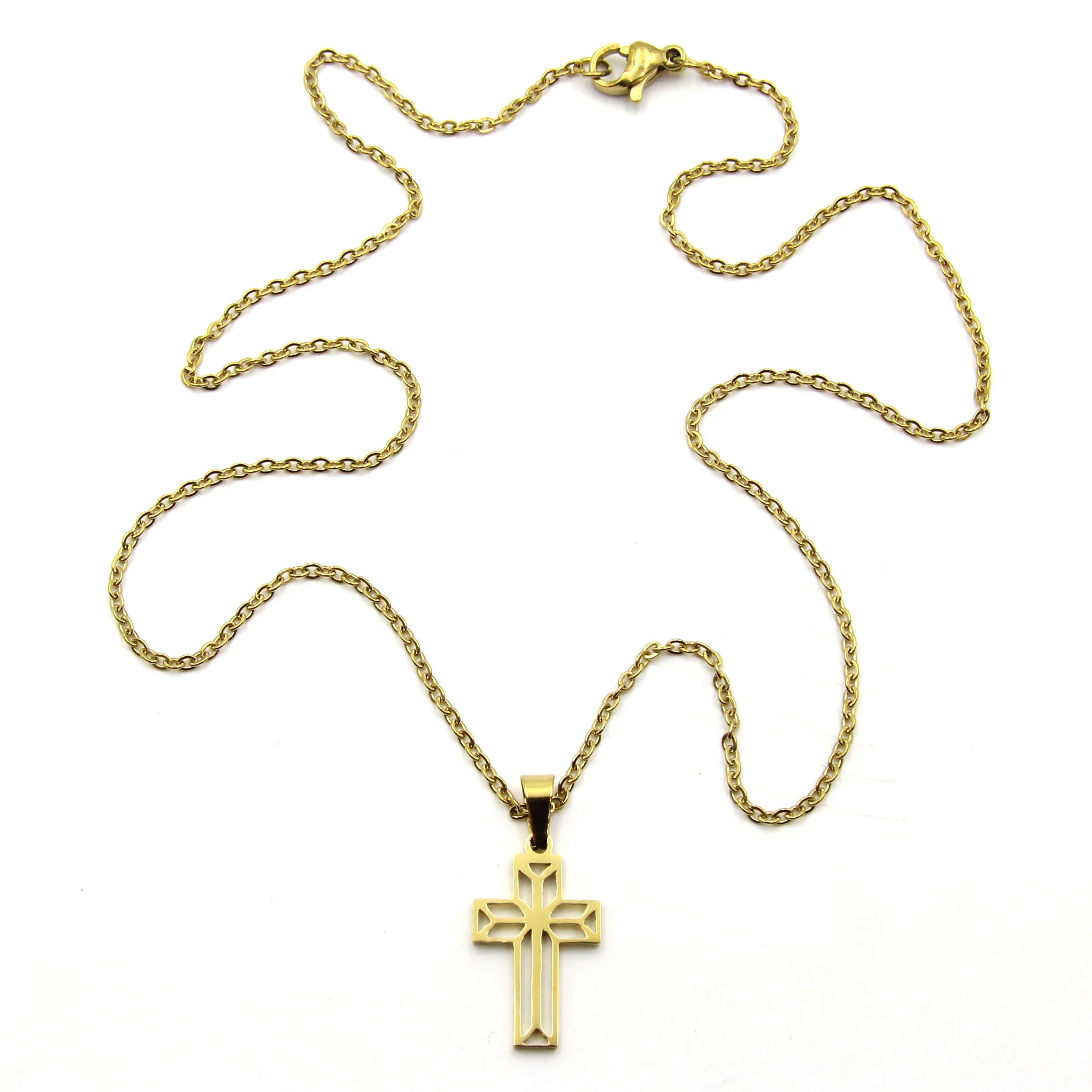 Set Joyeria Acero Dorado Cruz Religiosa Silueta Moderna