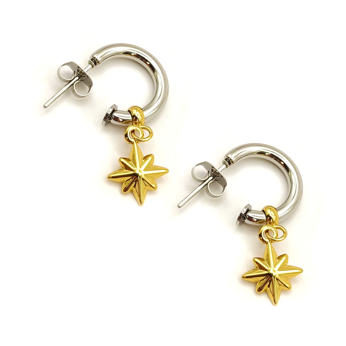 Aretes Acero Bicolor Media Arracada Estrella Seis Puntas