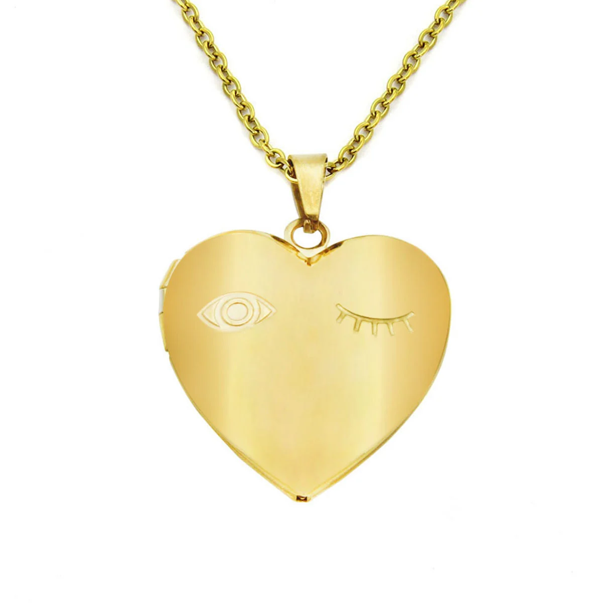Collar Acero Inox Dorado Relicario Corazon Ojo Guiño 24mm