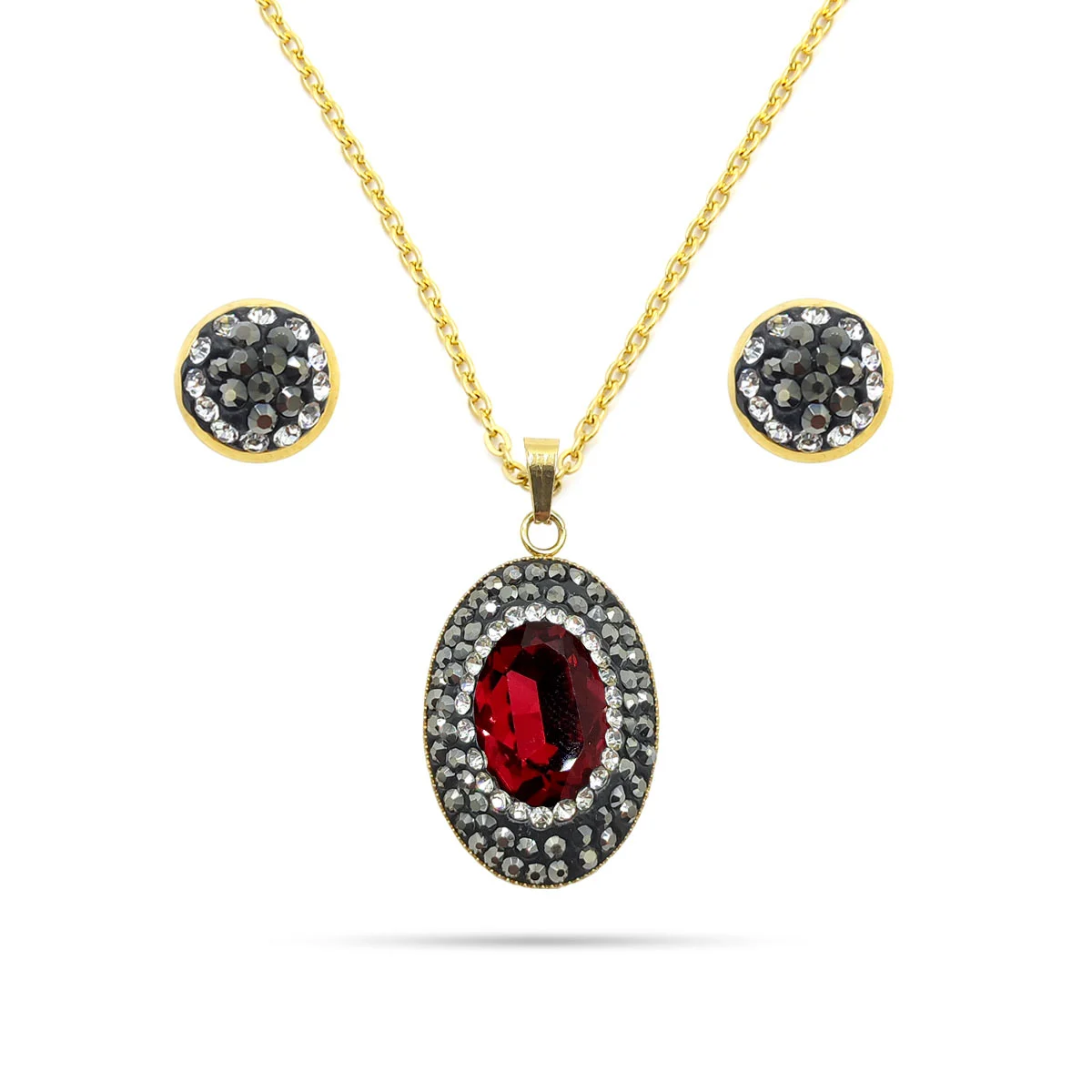 Set Joyeria Acero Inox Dorado Piedra Oval Roja Escarlata