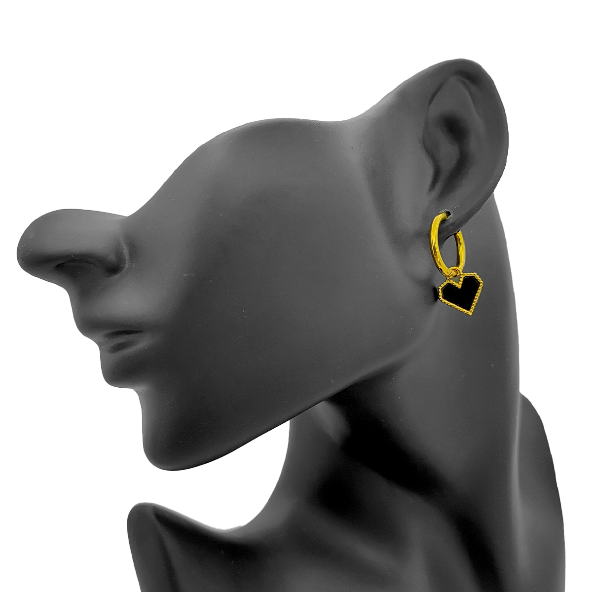 Aretes Acero Inox Dorado Huggies Colgante Corazon Negro