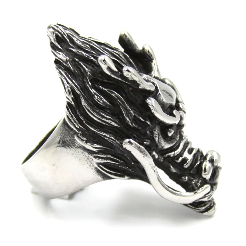 Anillo Acero Plateado Dragón Oriental Legendario