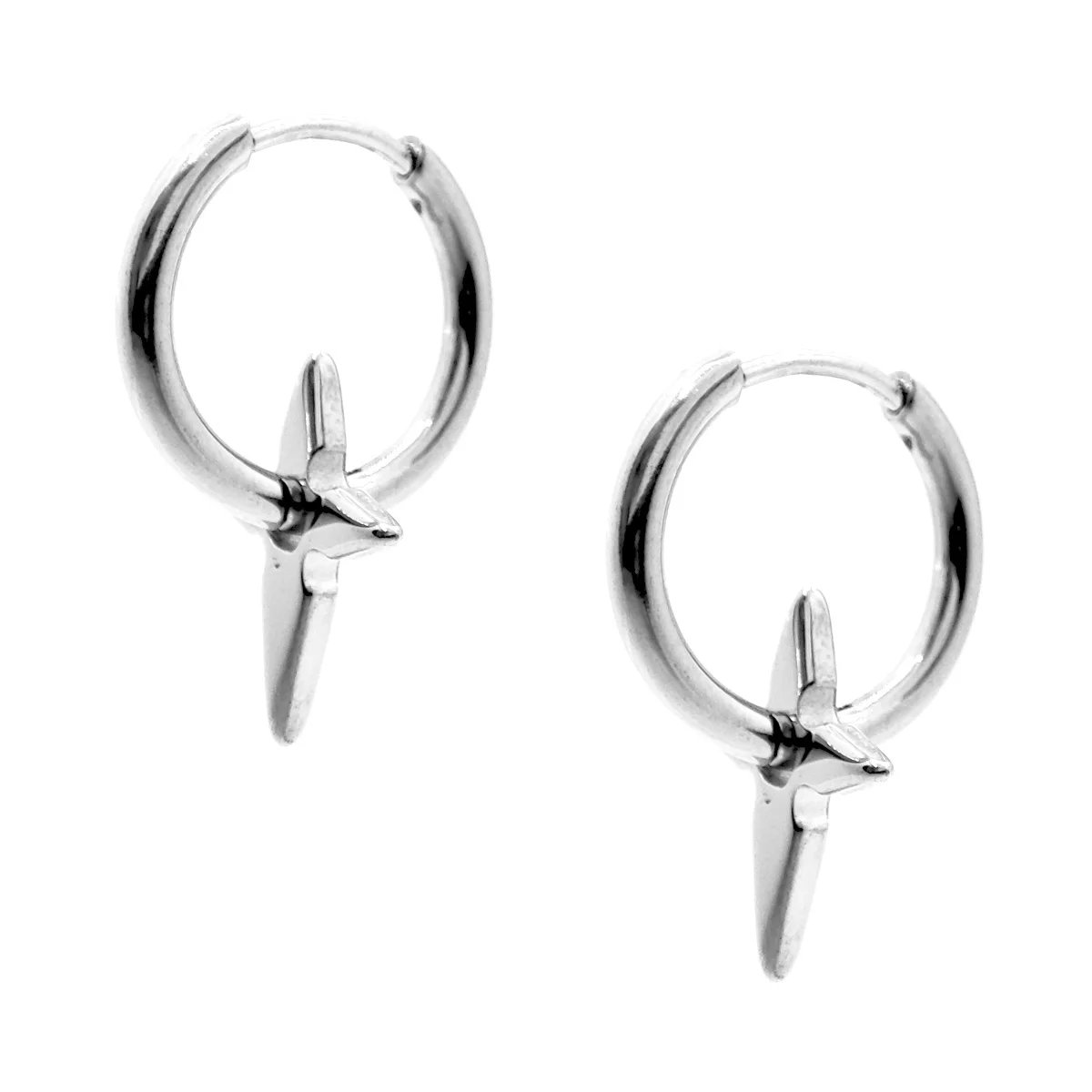 Aretes de Hombre Acero Inox Plateado Cruz Ninja Shuriken