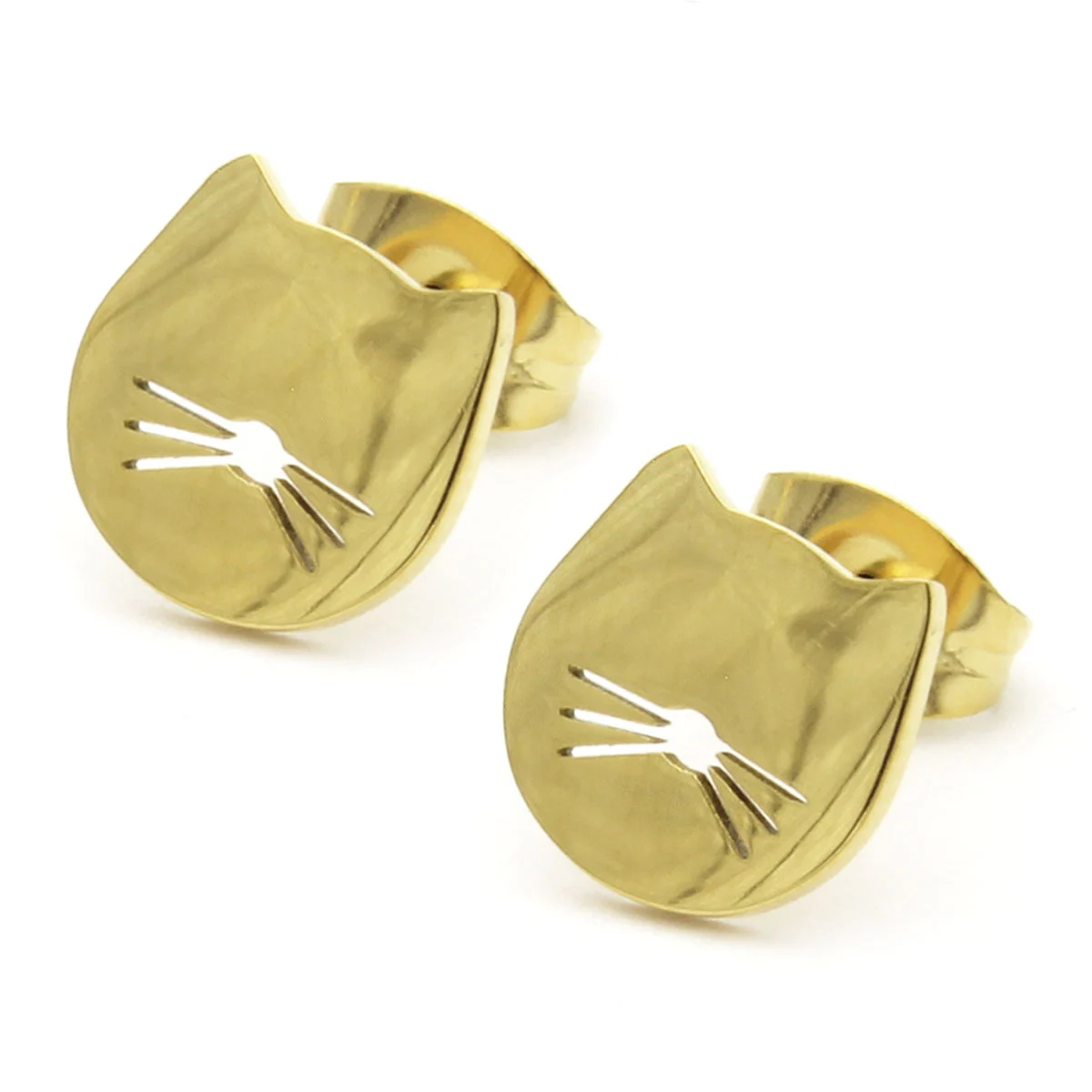 Aretes Tipo Broquel Acero Dorado Cabeza Lisa Gato Bigote