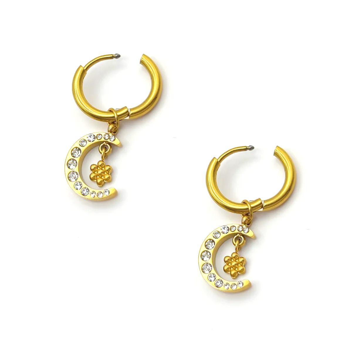 Aretes Acero Dorado Arracada Colgante Luna Flor Zirconia