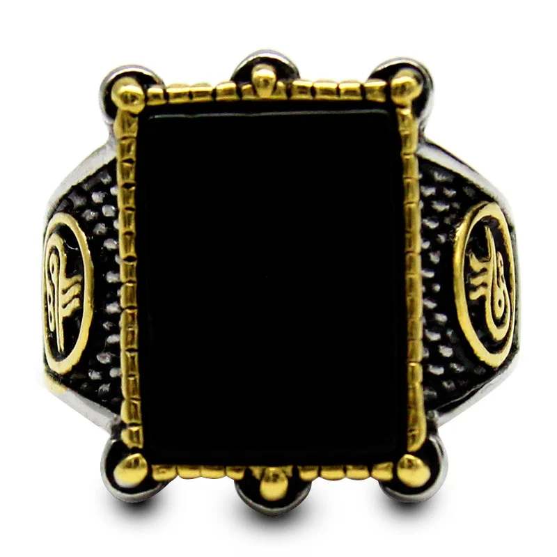 Anillo Hombre Acero Plata Dorado Piedra Cuadro Onix Negro