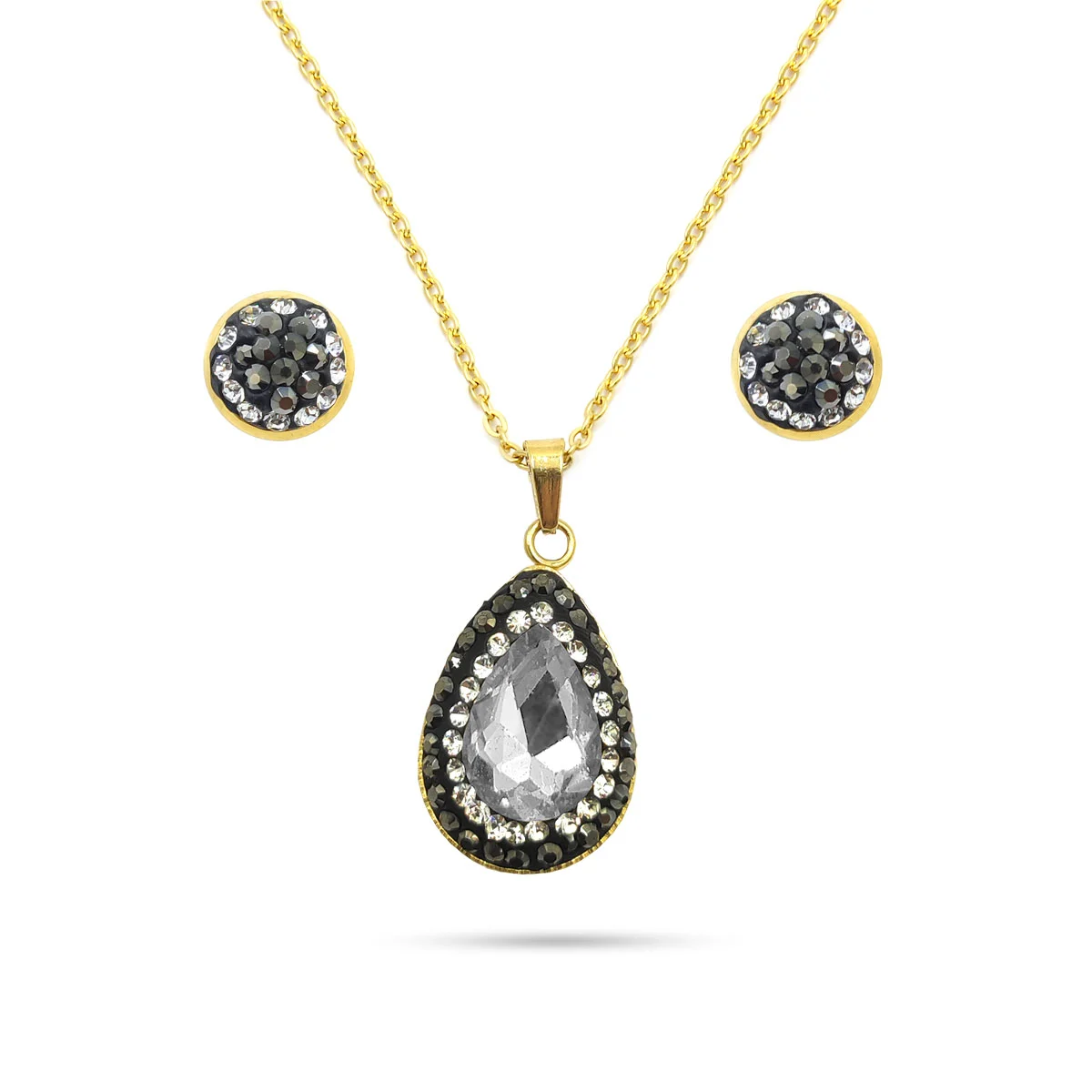 Set Joyeria Acero Inox Dorado Piedra Gota Transparente